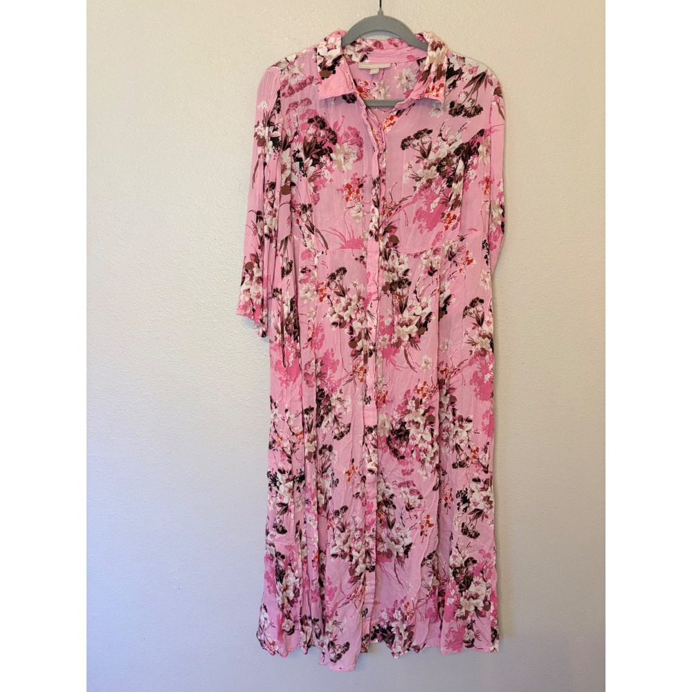 Woman Within Pink Floral Crinkle Button Front Midi Shirt Dress Plus Size 14W
